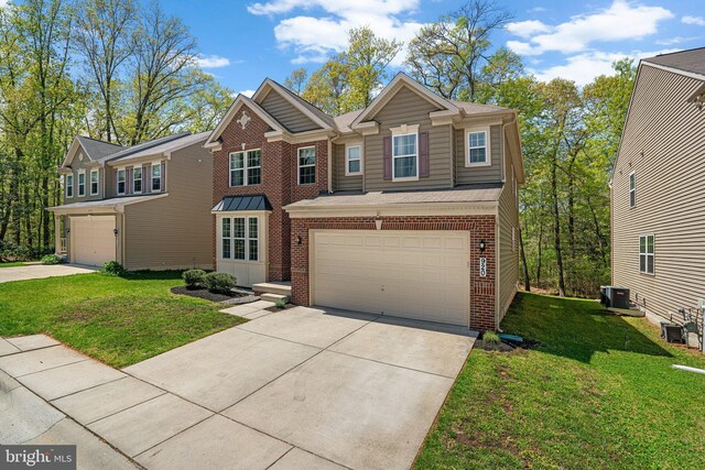 view of front of property featuring concrete driveway, an attached garage, brick siding, and a front lawn