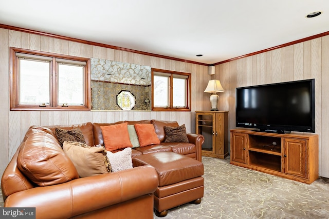 living area featuring carpet, wooden walls, and ornamental molding