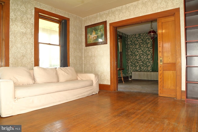 living area featuring hardwood / wood-style floors, wallpapered walls, and radiator