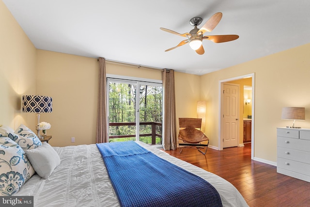 bedroom featuring wood finished floors, a ceiling fan, and baseboards