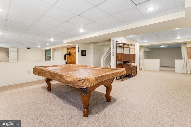 game room featuring carpet, a drop ceiling, billiards, and baseboards