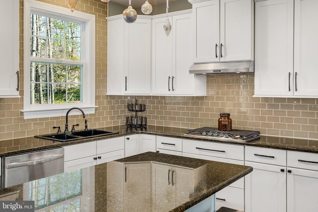 kitchen featuring a sink, stainless steel appliances, white cabinetry, and under cabinet range hood