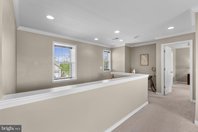 hallway with crown molding, recessed lighting, baseboards, and an upstairs landing