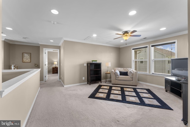 sitting room featuring ceiling fan, attic access, recessed lighting, and light colored carpet