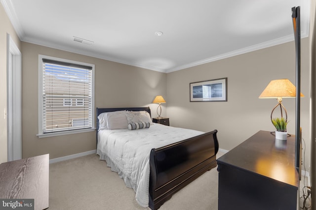 bedroom featuring crown molding, baseboards, light carpet, and visible vents