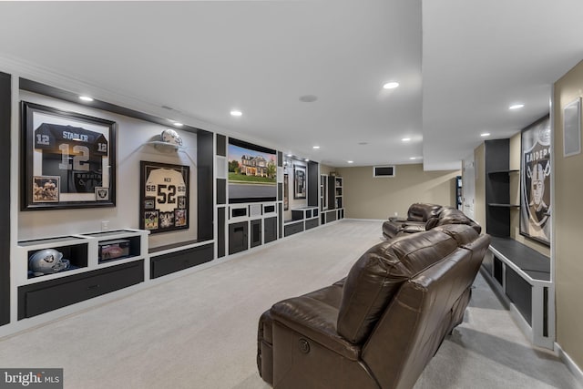 living area with baseboards, carpet flooring, and recessed lighting