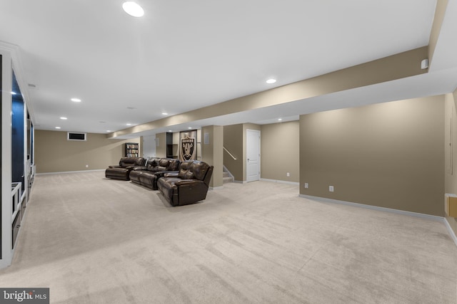 living room with recessed lighting, baseboards, light carpet, and stairway