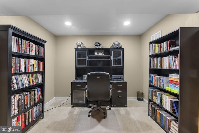 carpeted home office featuring baseboards, recessed lighting, and visible vents