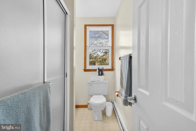 full bath with a shower with door, toilet, baseboards, tile patterned floors, and a baseboard radiator