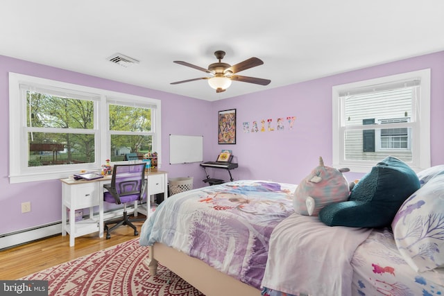 bedroom featuring a ceiling fan, light wood-style flooring, and visible vents