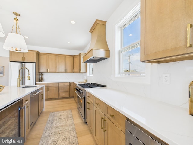 29 Bay Way, Brick, NJ 08723 - kitchen featuring beverage cooler, high quality appliances, custom exhaust hood, and light countertops