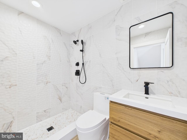 29 Bay Way, Brick, NJ 08723 - bathroom with toilet, a tile shower, tile walls, and vanity