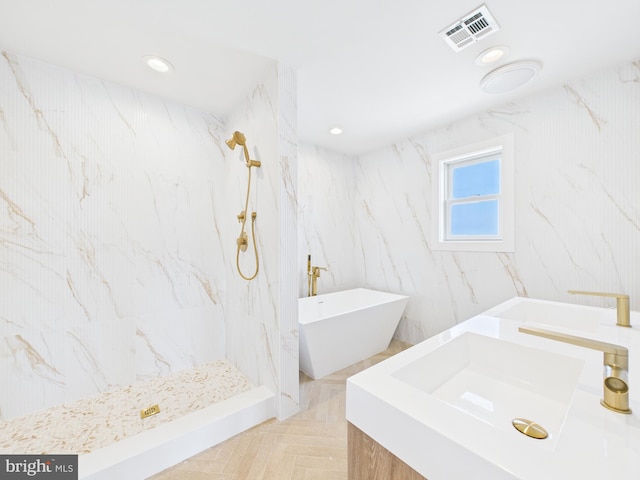 29 Bay Way, Brick, NJ 08723 - bathroom with recessed lighting, a freestanding bath, a sink, visible vents, and a marble finish shower