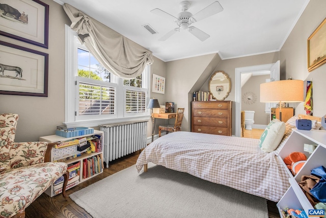 1012 Locust Ave, Charlottesville, VA 22901 - bedroom with visible vents, radiator heating unit, wood finished floors, ceiling fan, and crown molding