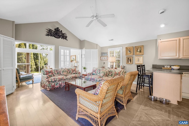 1012 Locust Ave, Charlottesville, VA 22901 - living area with high vaulted ceiling, a wealth of natural light, a ceiling fan, and recessed lighting