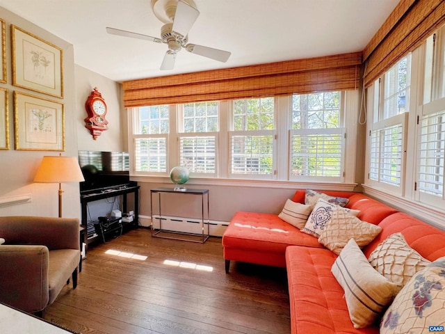 1012 Locust Ave, Charlottesville, VA 22901 - living area featuring a baseboard heating unit, a ceiling fan, hardwood / wood-style floors, and plenty of natural light