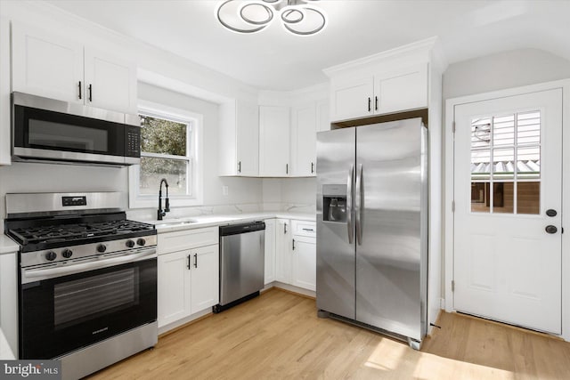 5601 Groveland Ave, Baltimore, MD 21215 - kitchen with a sink, white cabinetry, light wood-style floors, light countertops, and appliances with stainless steel finishes