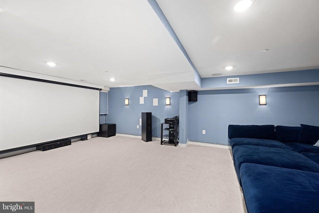 carpeted home theater featuring baseboards, visible vents, and recessed lighting