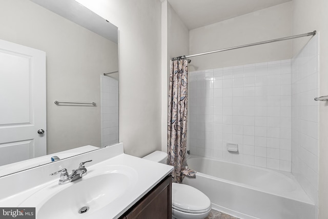 bathroom with toilet, shower / tub combo with curtain, and vanity