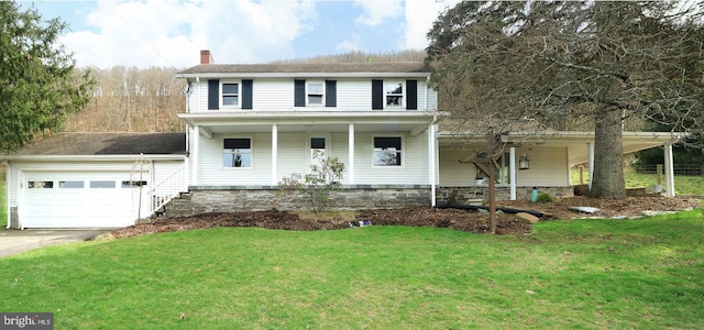 view of front facade featuring a chimney, a front lawn, concrete driveway, a porch, and a garage