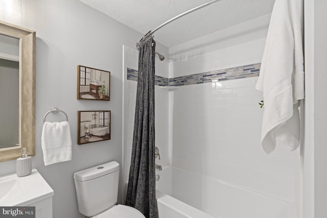 full bath featuring toilet, a textured ceiling, shower / bath combination with curtain, and vanity