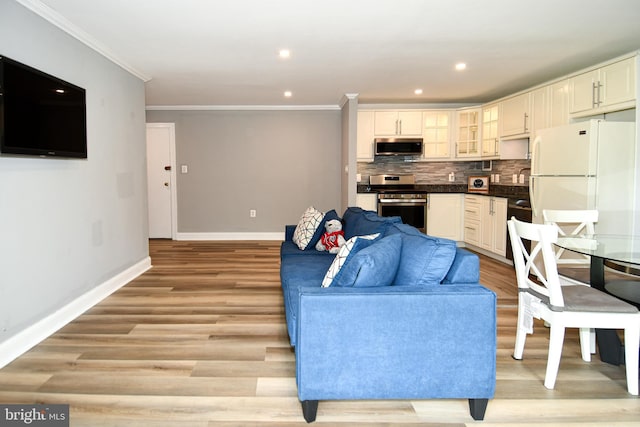 6137 Leesburg Pike Unit 101, Falls Church, VA 22041 - living room with baseboards, ornamental molding, light wood-type flooring, and recessed lighting