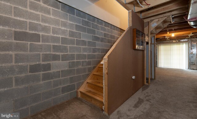 unfinished basement featuring concrete block wall, carpet, and stairs