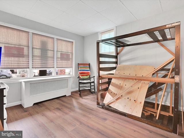 interior space with baseboards, radiator heating unit, and wood finished floors