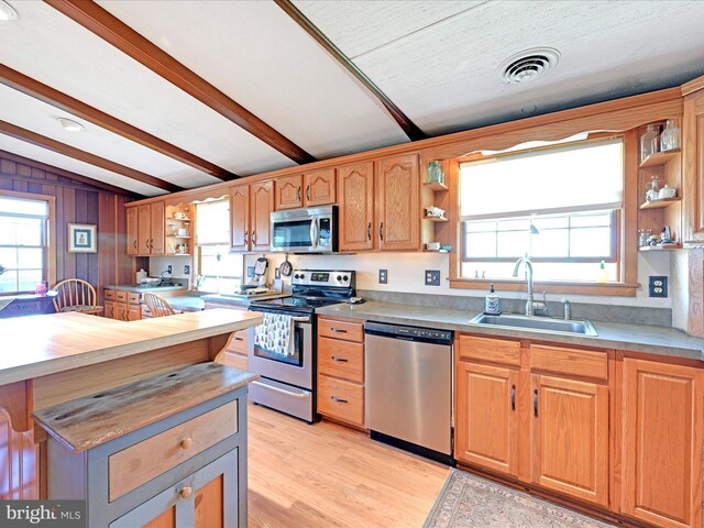 kitchen with visible vents, open shelves, a sink, and stainless steel appliances