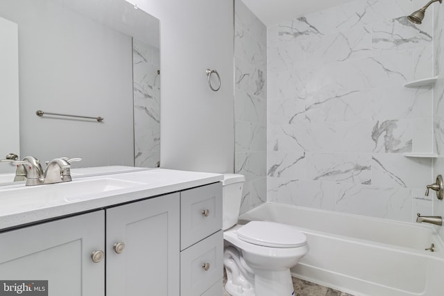 bathroom featuring toilet, shower / tub combination, and vanity