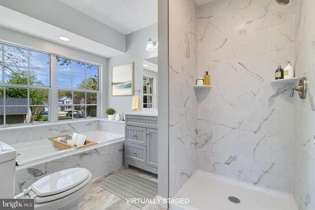 bathroom featuring a marble finish shower, recessed lighting, a garden tub, vanity, and marble finish floor