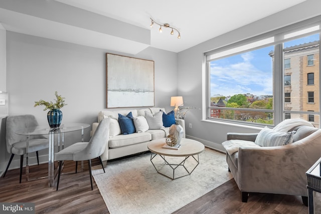 living area featuring dark wood-type flooring, a healthy amount of sunlight, and baseboards