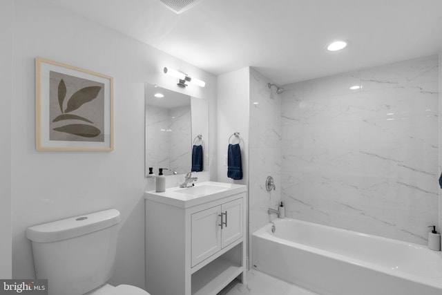 full bath with shower / bathing tub combination, vanity, marble finish floor, toilet, and visible vents