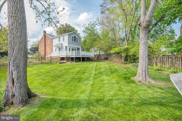 view of yard with a wooden deck and a fenced backyard