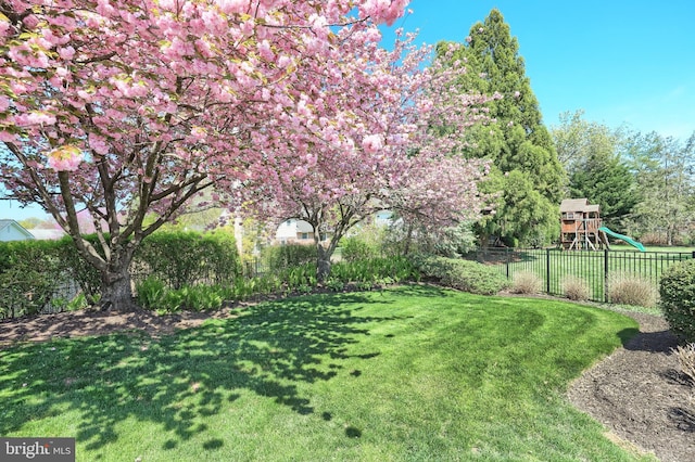 view of yard featuring fence and a playground