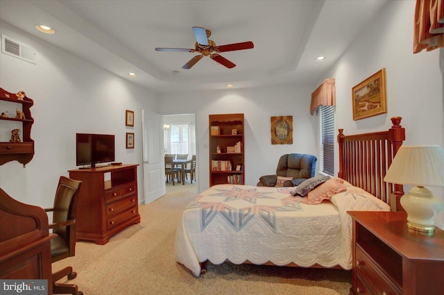 18 Lantern Ln, Shippensburg, PA 17257 - bedroom featuring visible vents, recessed lighting, light colored carpet, ceiling fan, and a raised ceiling