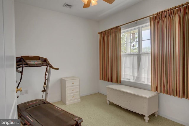 18 Lantern Ln, Shippensburg, PA 17257 - exercise area featuring visible vents, a ceiling fan, and light colored carpet