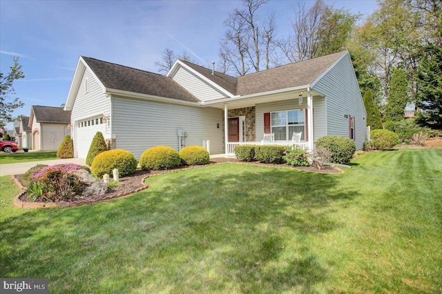 18 Lantern Ln, Shippensburg, PA 17257 - view of front of home featuring a front lawn, an attached garage, driveway, covered porch, and roof with shingles