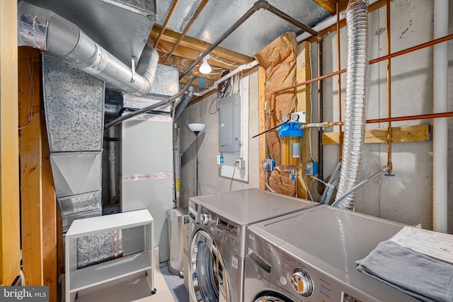 laundry area with laundry area, electric panel, and washing machine and clothes dryer