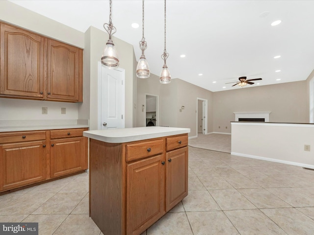 kitchen with light tile patterned floors, light countertops, recessed lighting, and ceiling fan