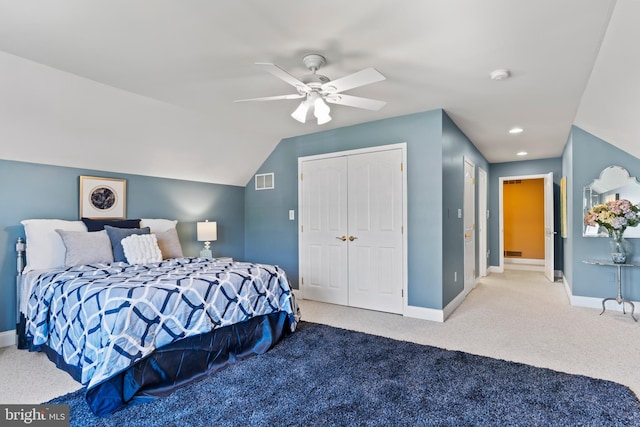 carpeted bedroom with ceiling fan, visible vents, baseboards, a closet, and recessed lighting