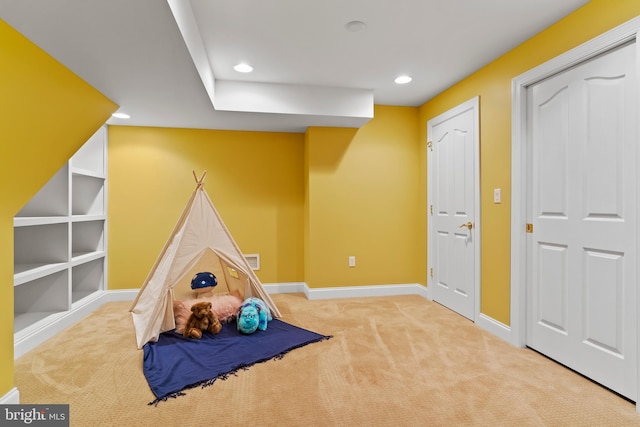 rec room with baseboards, carpet flooring, and recessed lighting