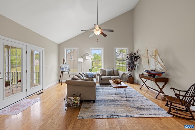 6348 Flintstone Dr, Barboursville, VA 22923 - living room featuring visible vents, ceiling fan, wood finished floors, and high vaulted ceiling
