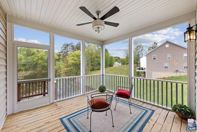 6348 Flintstone Dr, Barboursville, VA 22923 - sunroom featuring a ceiling fan, a water view, and a wealth of natural light