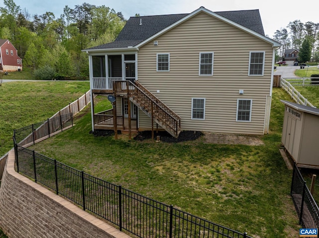 6348 Flintstone Dr, Barboursville, VA 22923 - rear view of house with a fenced backyard, roof with shingles, a sunroom, a yard, and stairway