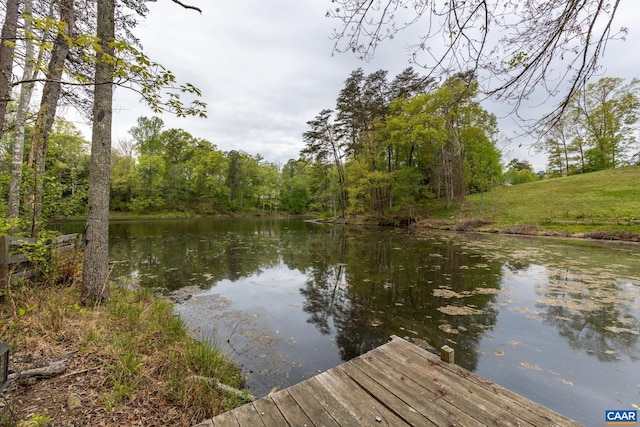 6348 Flintstone Dr, Barboursville, VA 22923 - view of dock with a water view and a forest view