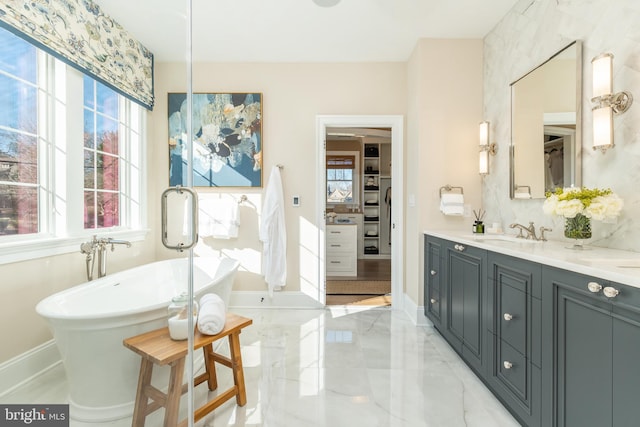 full bathroom featuring baseboards, a freestanding tub, vanity, and plenty of natural light