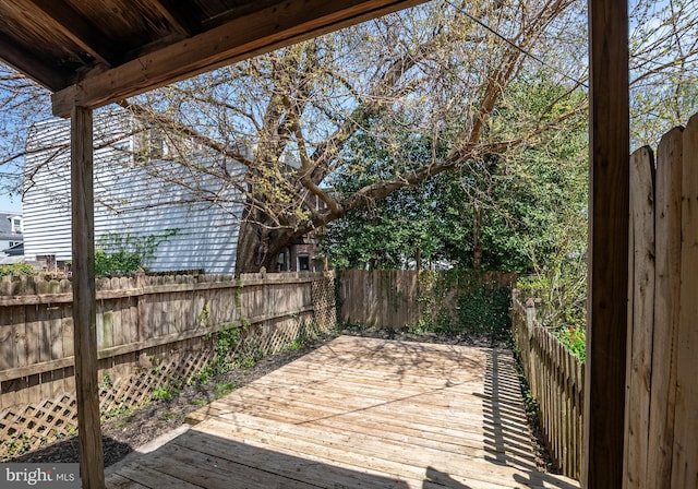 wooden terrace featuring a fenced backyard