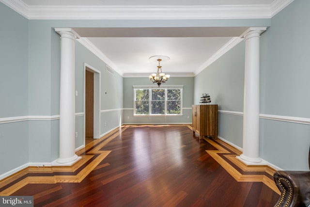 unfurnished dining area with a chandelier, decorative columns, wood finished floors, and visible vents