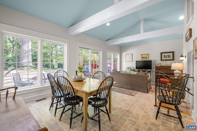 2616 Jefferson Park Cir, Charlottesville, VA 22903 - dining area featuring lofted ceiling with beams, baseboards, visible vents, and recessed lighting
